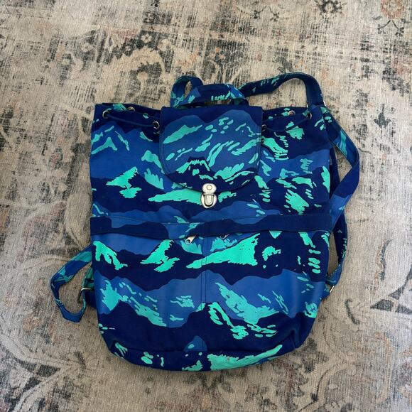 VINTAGE Baggu Night Mountain Blue Camo Drawstring Canvas Backpack – Rare - Picture 1 of 8